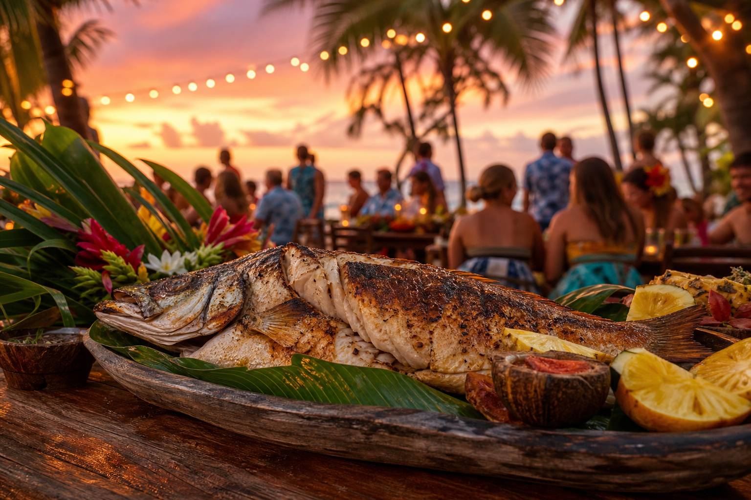 Butterfish grille servi lors d'un luau hawaien traditionnel en plein air au coucher du soleil