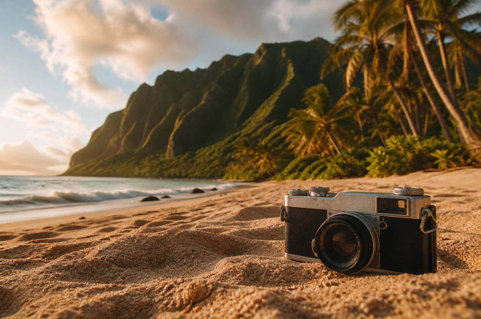 Appareil photo vintage posé sur une plage hawaïenne avec falaises et palmiers