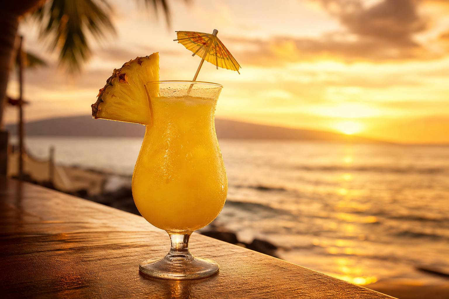 Cocktail tropical avec ananas vue coucher de soleil Maui
