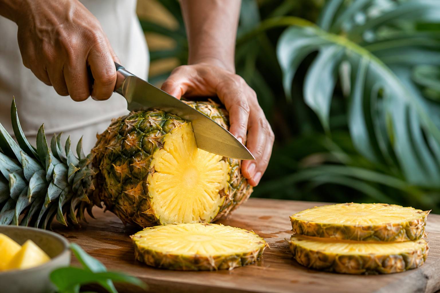 Main découpant un ananas frais avec couteau sur planche en bois décor tropical