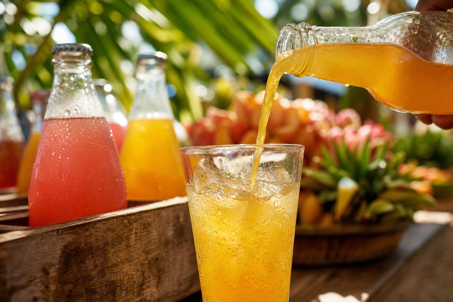Verre de soda artisanal hawaïen versé avec des fruits tropicaux au marché