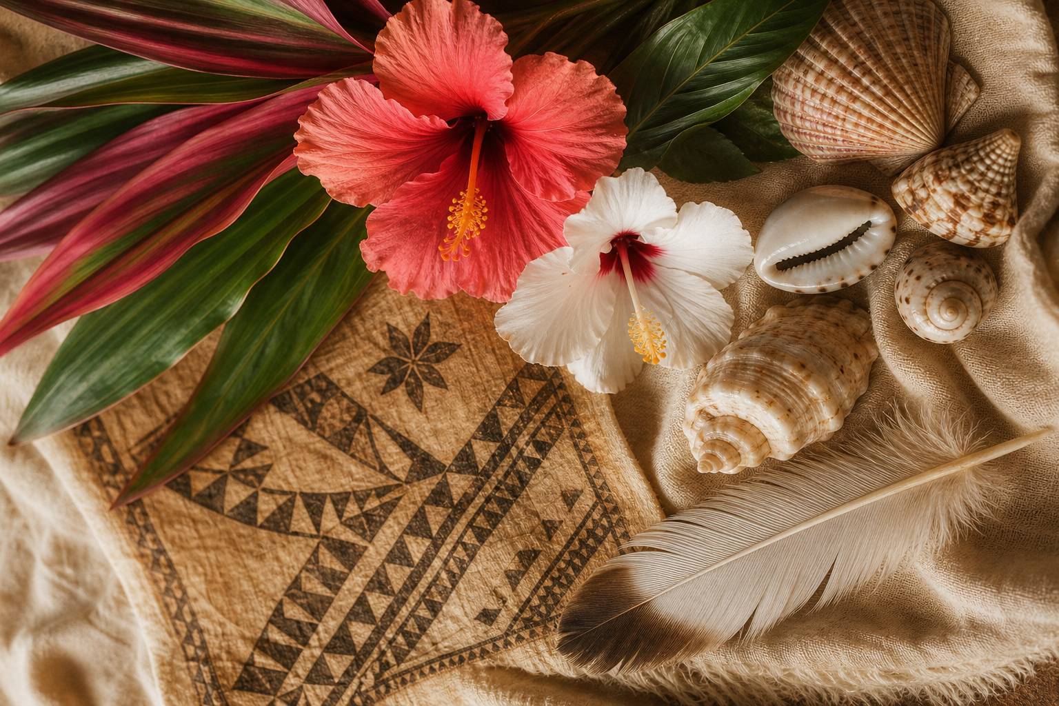 Symboles traditionnels de la culture hawaienne tapa plumes coquillages et fleurs sur tissu naturel