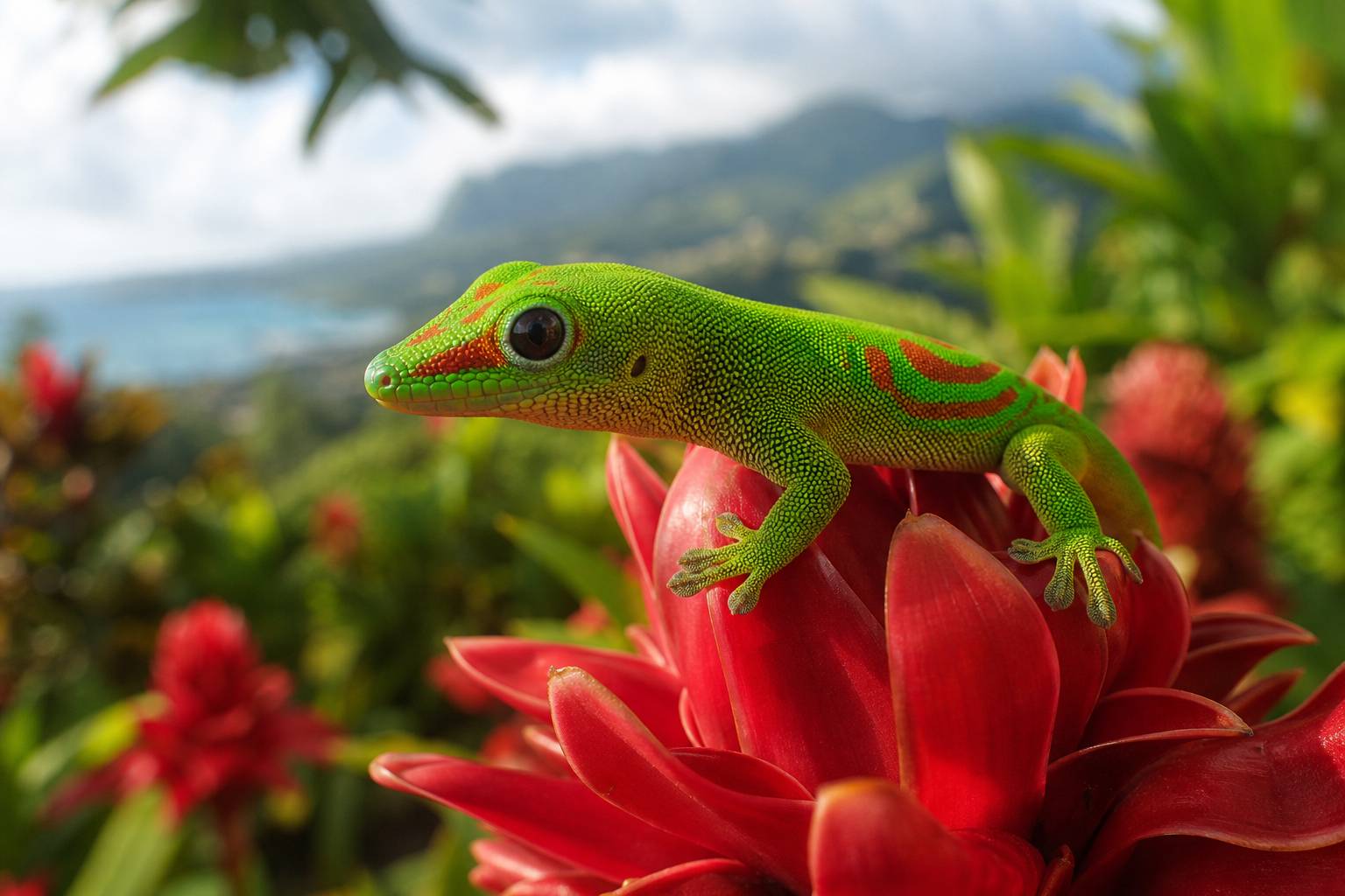 Gecko vert d'Hawaï sur fleur tropicale illustration article blog voyage