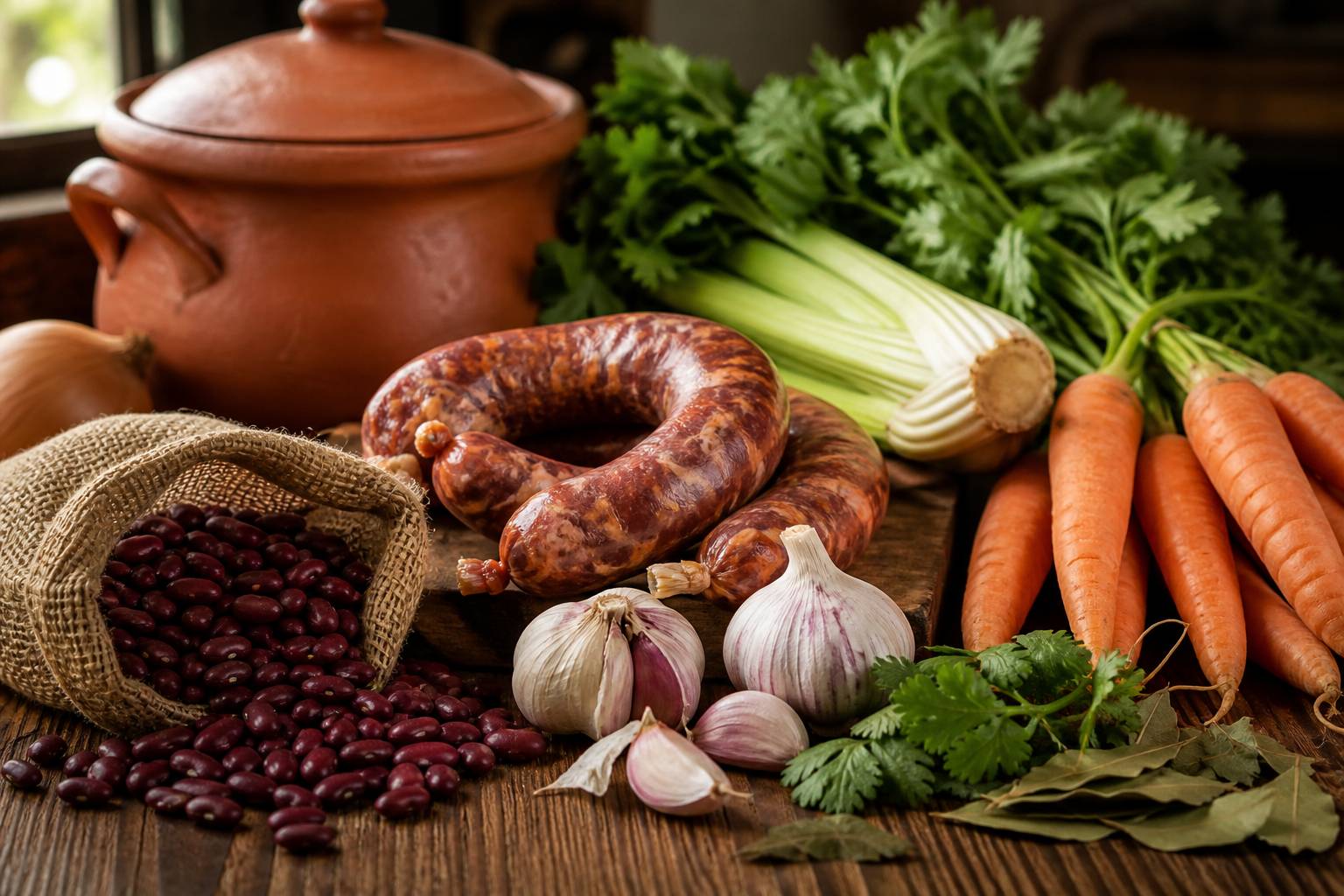 Ingrédients frais pour soupe de haricots portugaise haricots saucisse légumes sur table