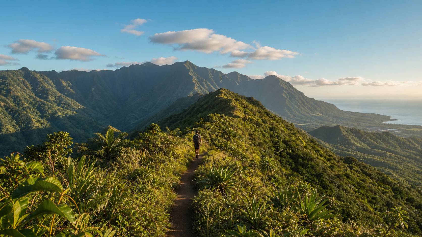 Vue paysage de kuilau ridge trail, plage et ocean