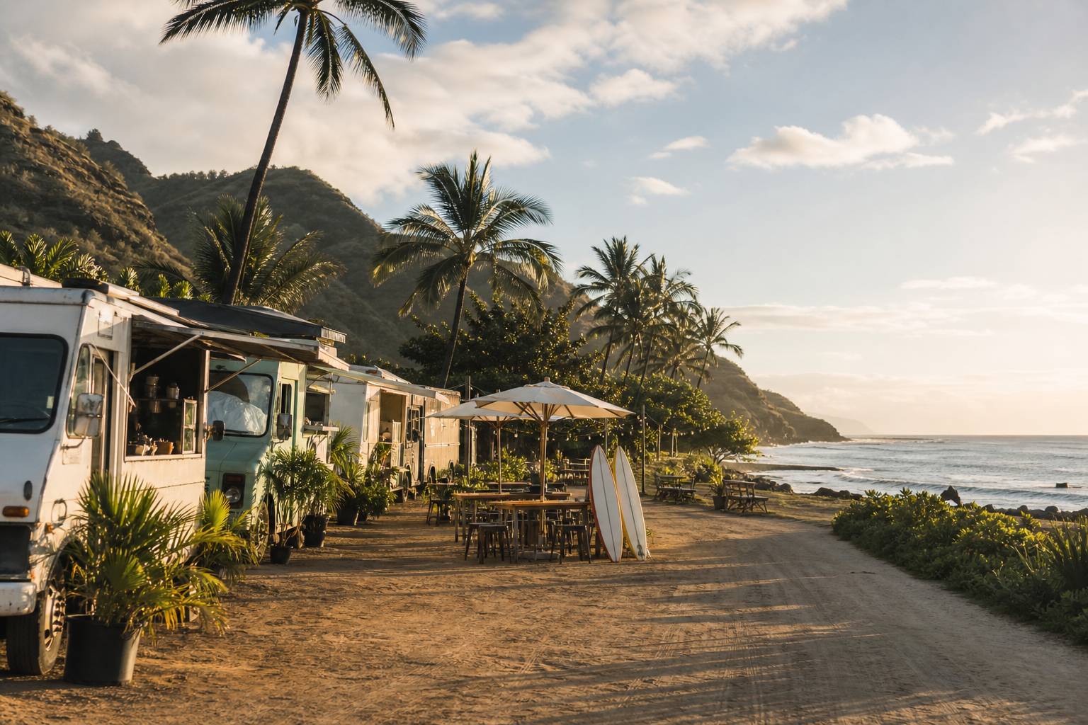 Vue paysage de les meilleurs food trucks de la north shore d’oahu, plage et ocean
