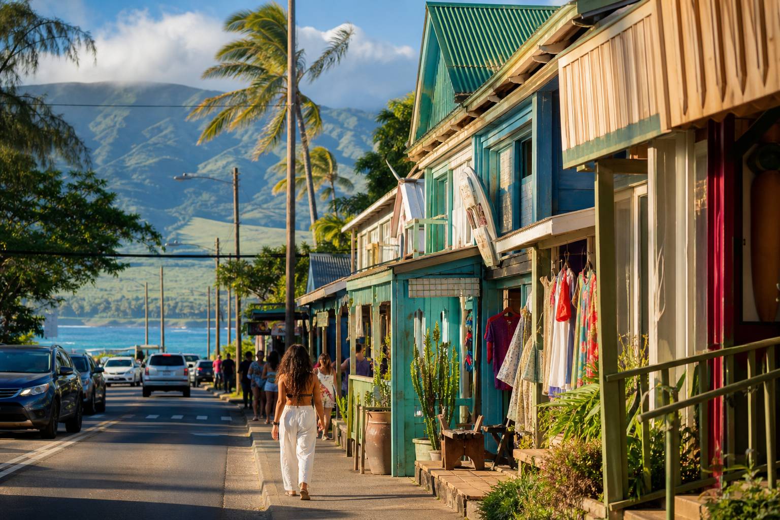 Rue principale de Paia à Maui avec ses boutiques bohèmes et palmiers