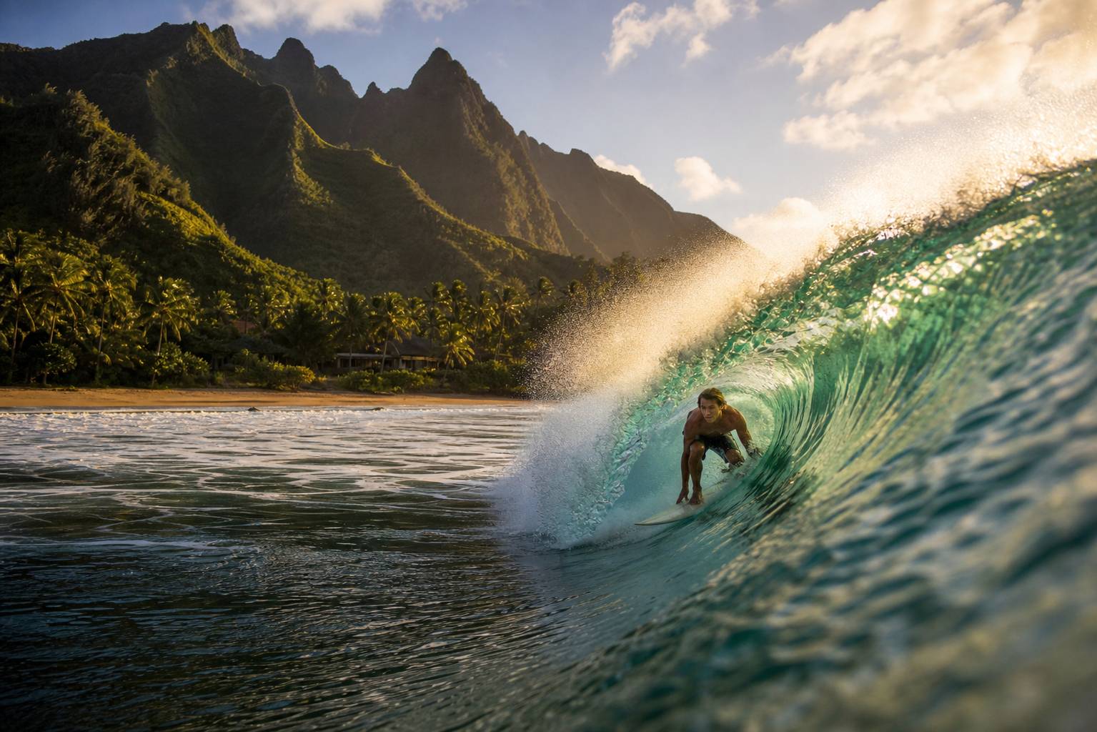 Spot de surf à Kauai avec surfeur et montagnes verdoyantes