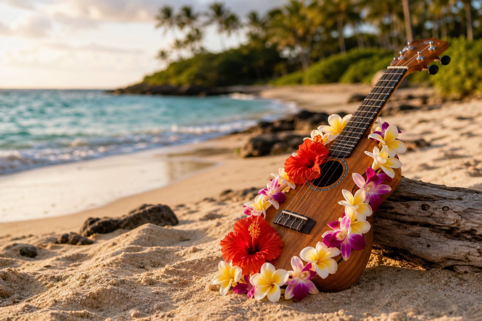 Ukulele traditionnel hawaïen décoré de fleurs tropicales sur la plage