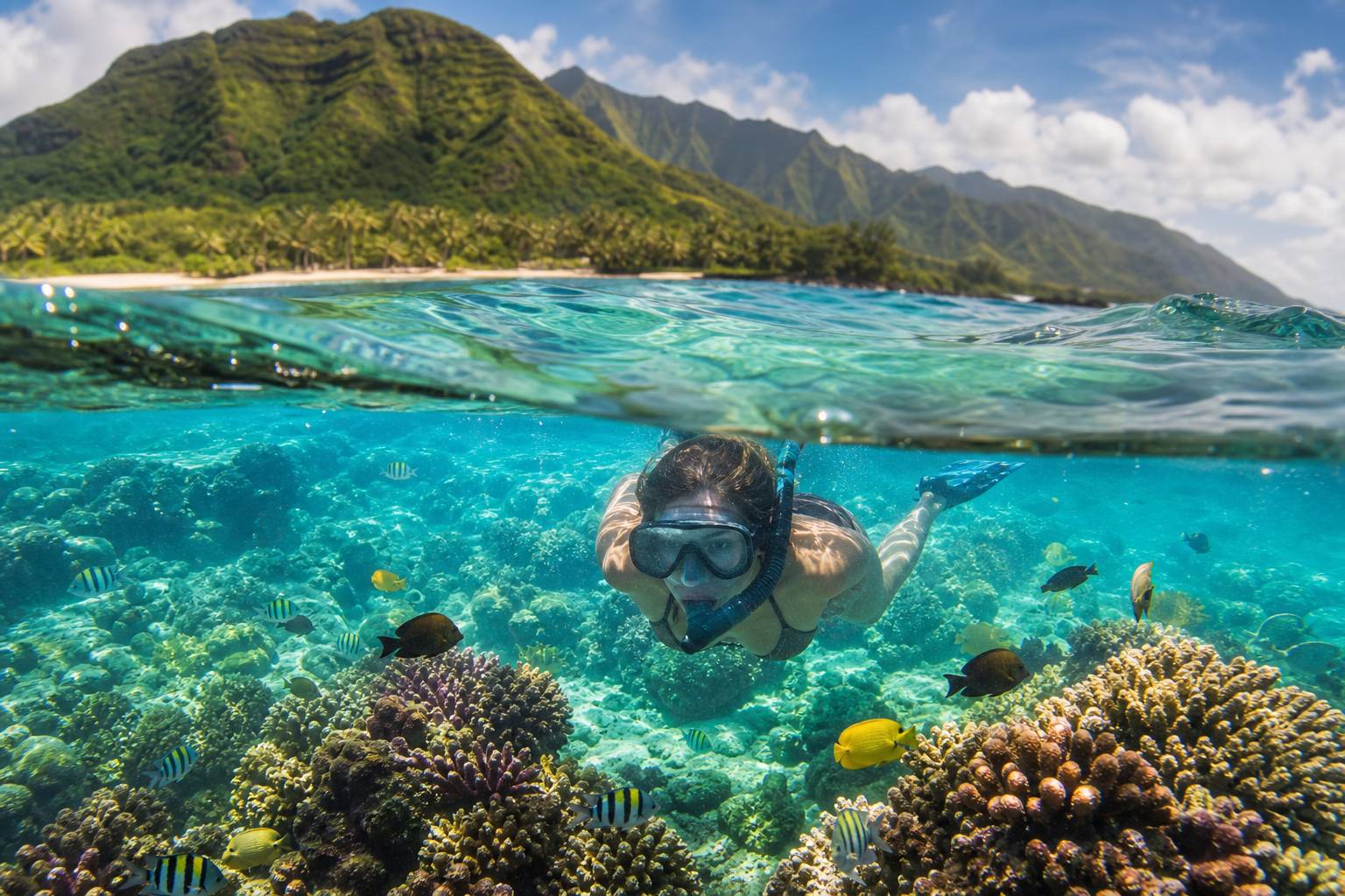 Pratique du snorkeling à Kauai au milieu des poissons tropicaux