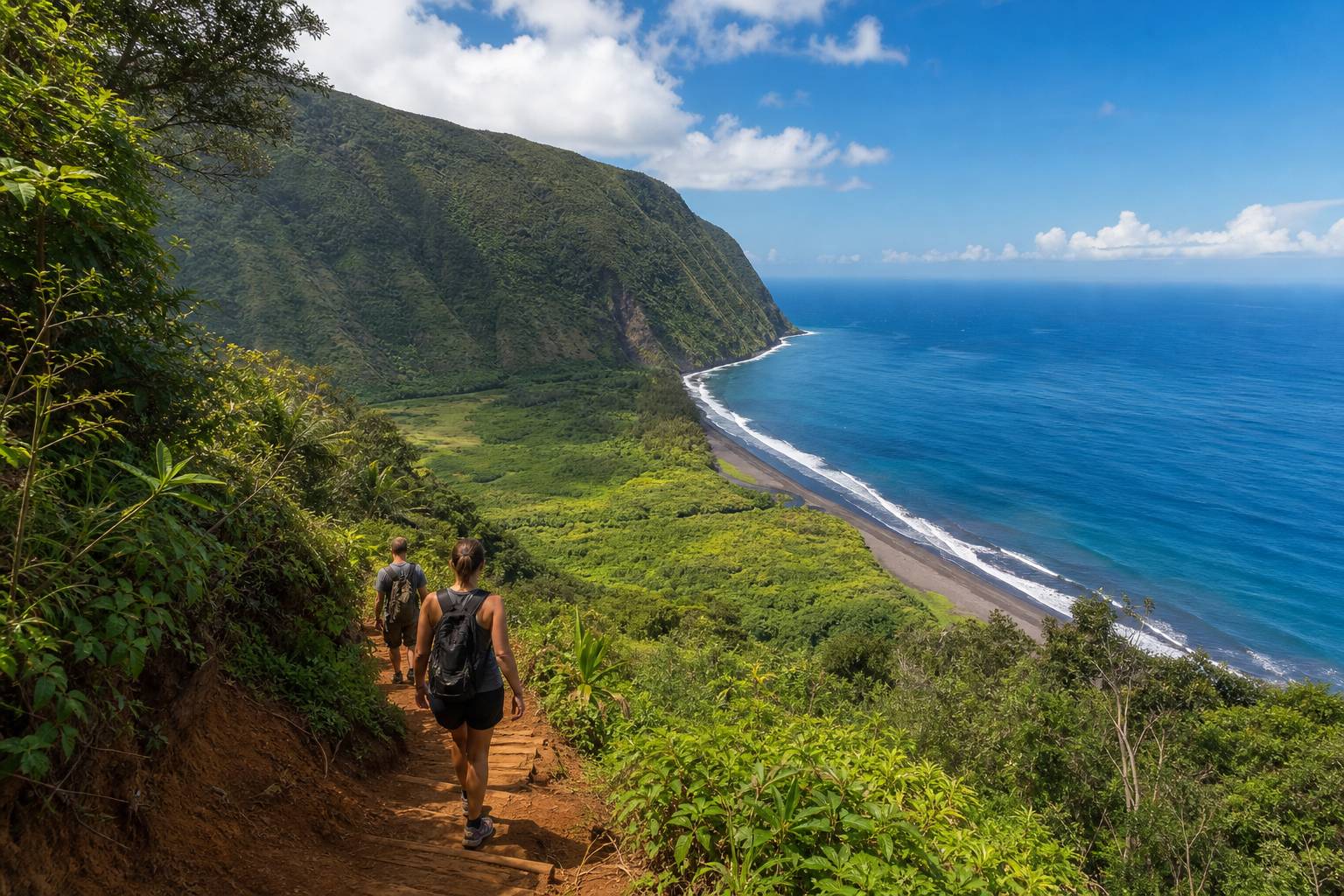 Randonneurs descendant le sentier de Pololu Valley à Big Island, Hawaï - guide pratique de la randonnée