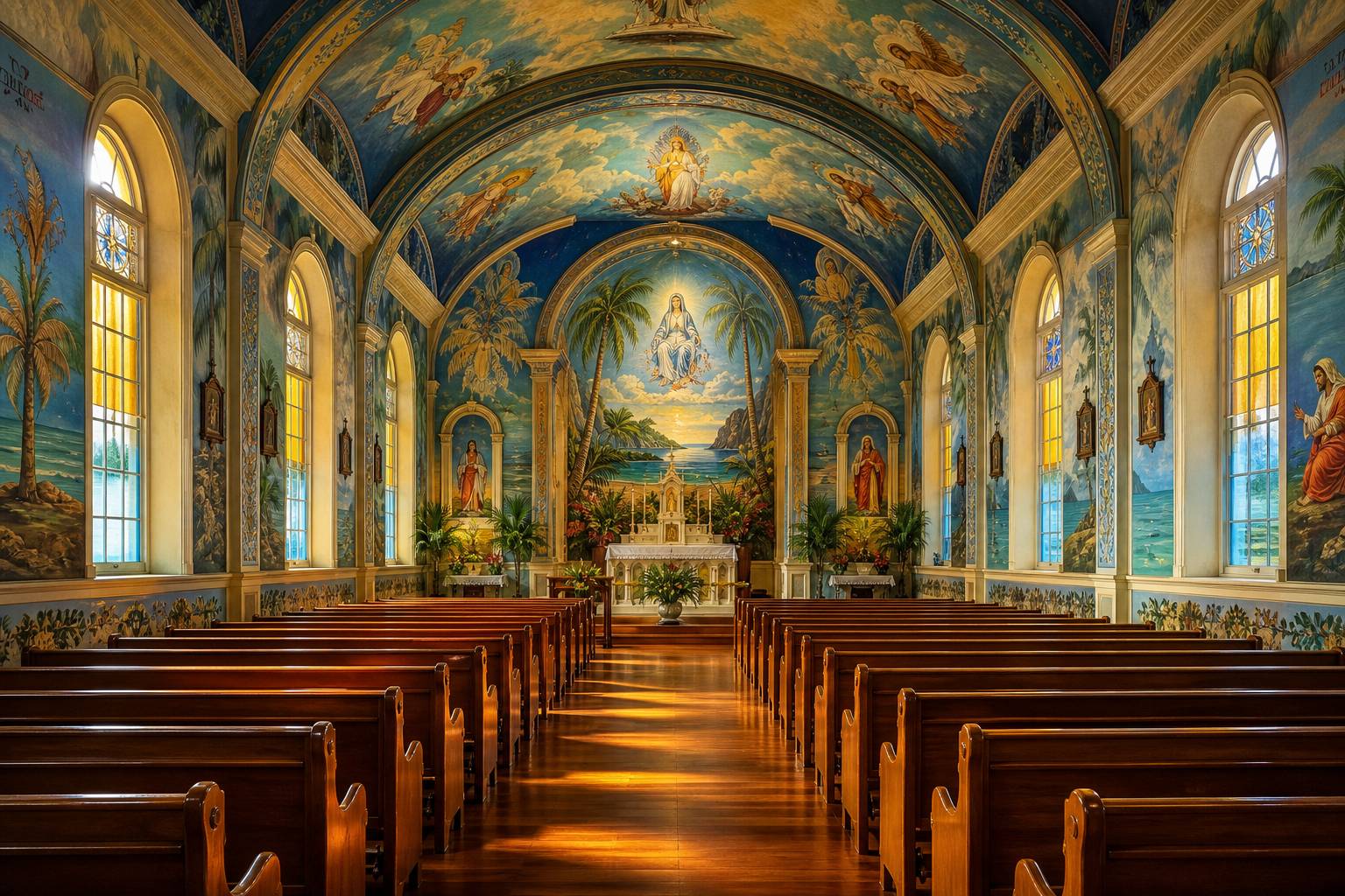 Intérieur de la Star of the Sea avec ses fresques religieuses peintes à Big Island Hawaï