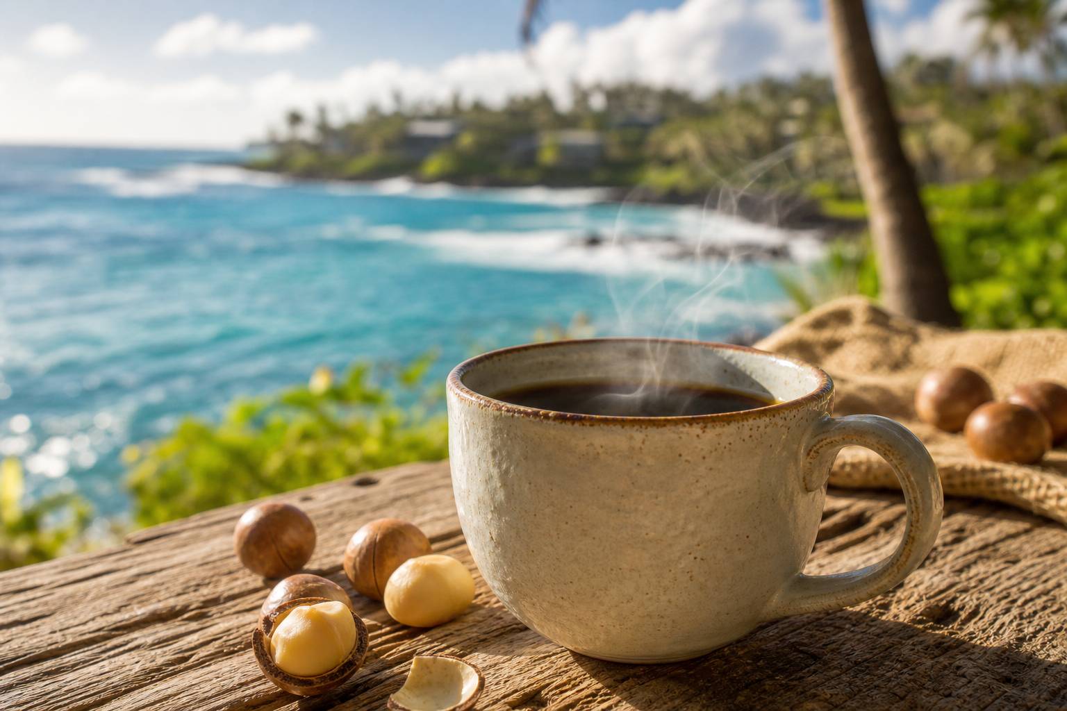 Tasse de café Kona 100% avec noix de macadamia et vue sur l'océan à Waikiki