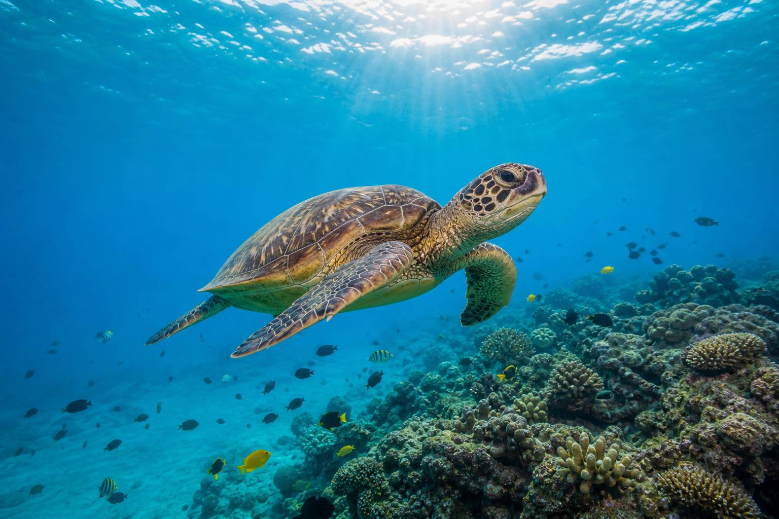 Tortue verte nageant dans les eaux turquoises de Maui