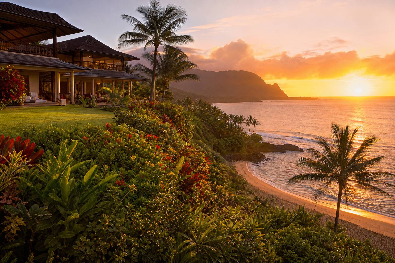 Villa hawaïenne vue océan Kauai décor film The Descendants illustration