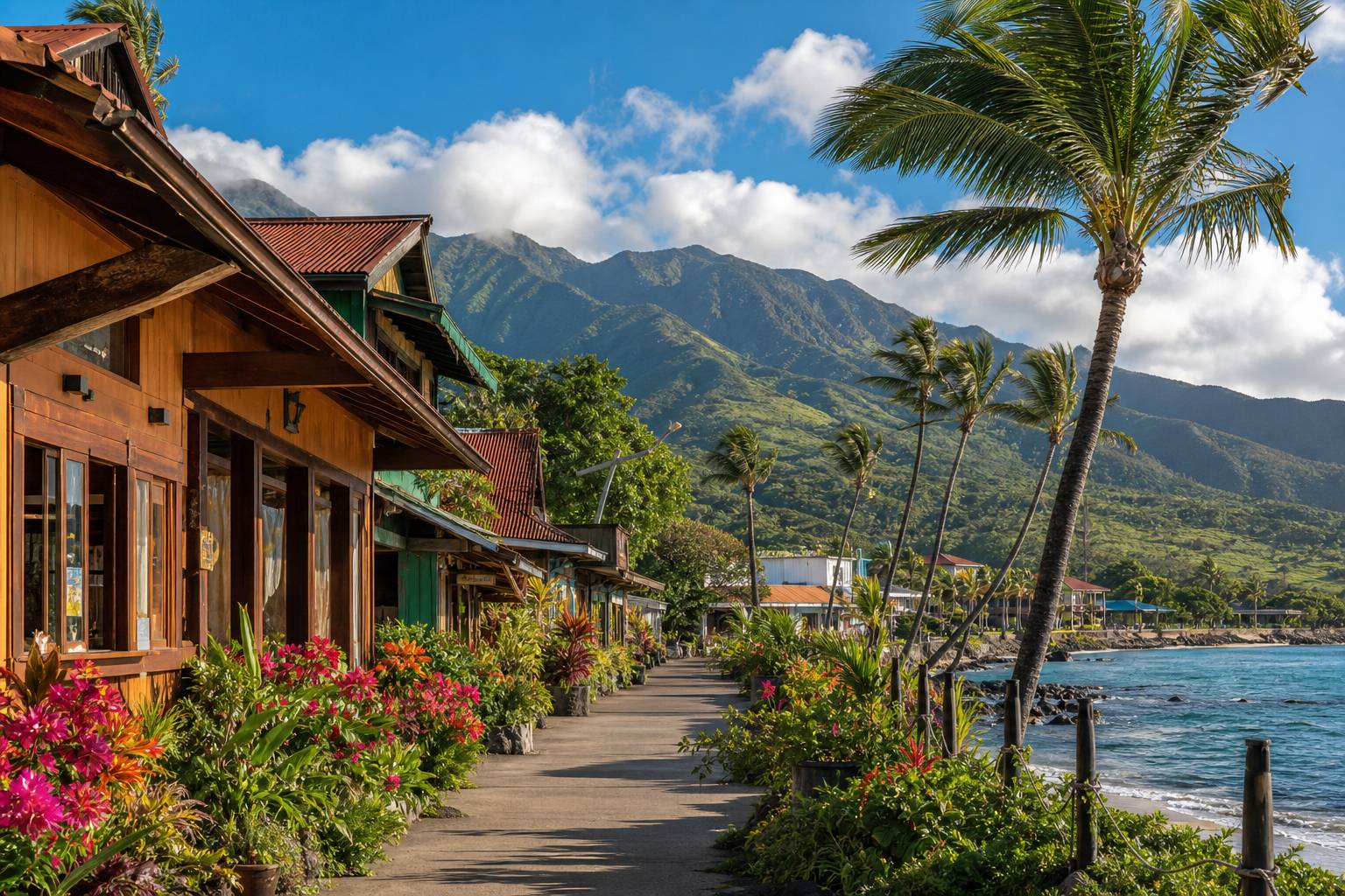 Village traditionnel hawaïen sur l'île de Maui avec montagnes verdoyantes en arrière-plan