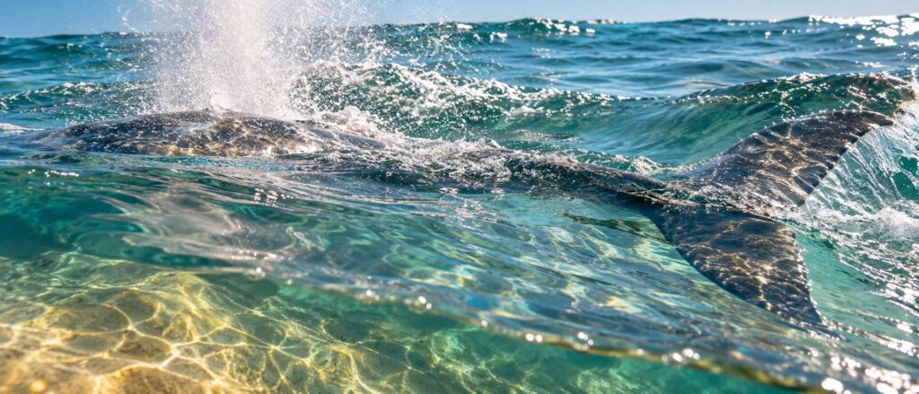 Souffle d'eau et nageoire caudale sous la surface