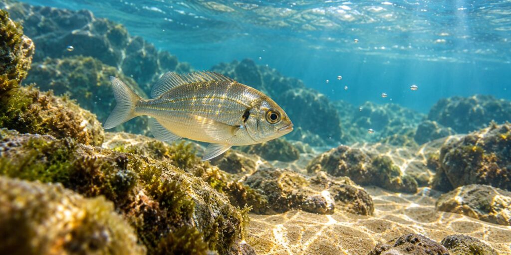 Petit poisson argenté aux reflets dorés près de rochers