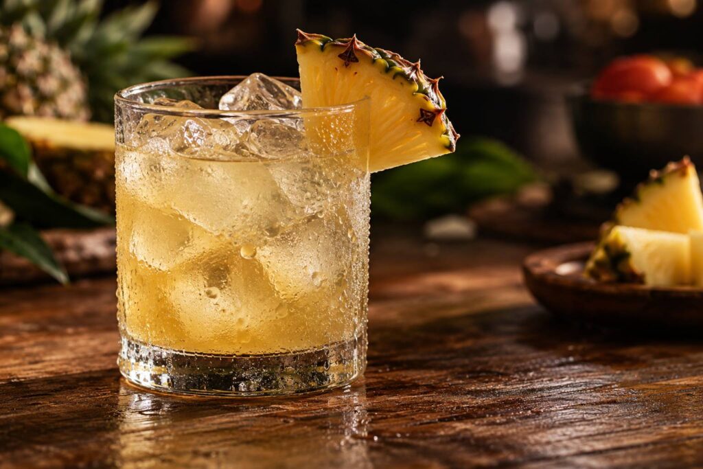 Verre de cocktail avec glaçons et quartier d'ananas