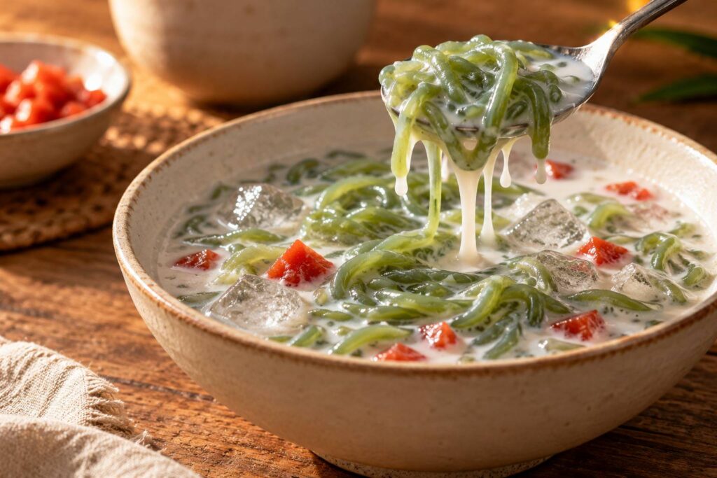 Cuillère soulevant des vermicelles verts et du lait de coco