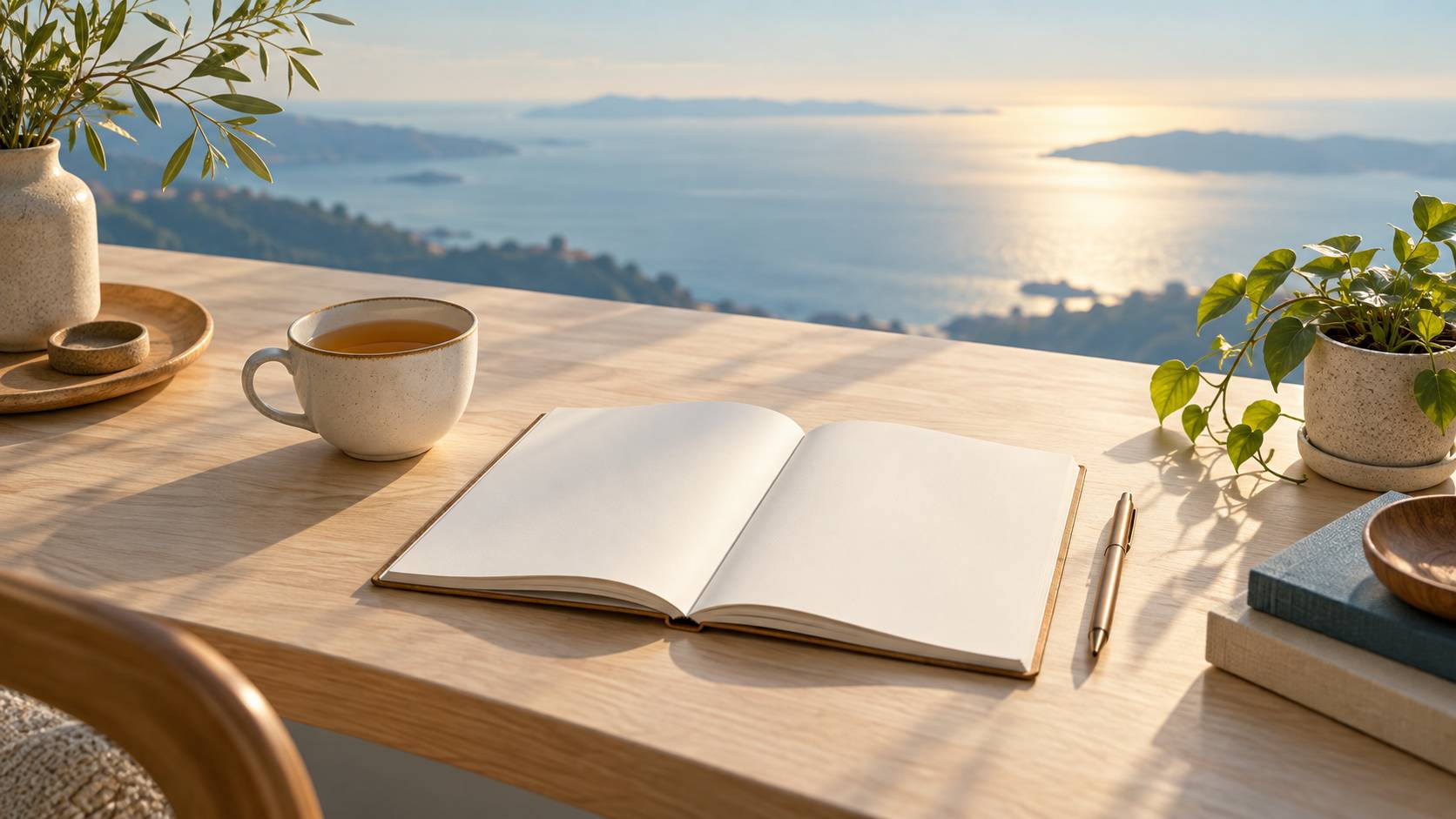 Tasse de the, carnet ouvert et plante sur un bureau clair