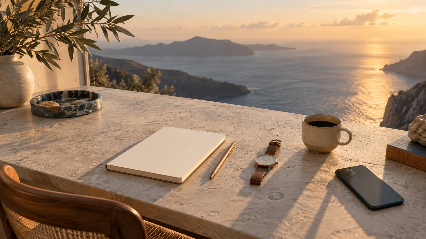 Bureau ordonné avec bloc-notes, stylo, tasse et téléphone retourné
