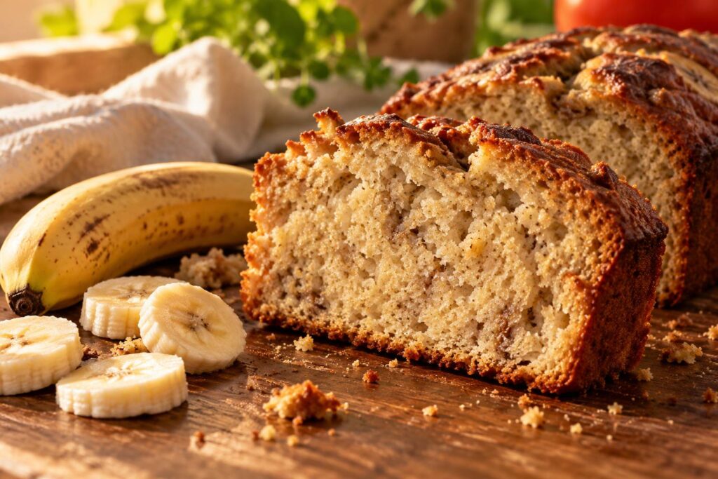 Tranche épaisse de pain brioché aux bananes montrant la mie