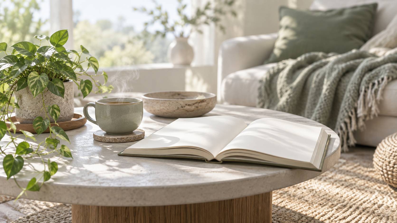 Tasse de the et livre ouvert sur une table basse lumineuse
