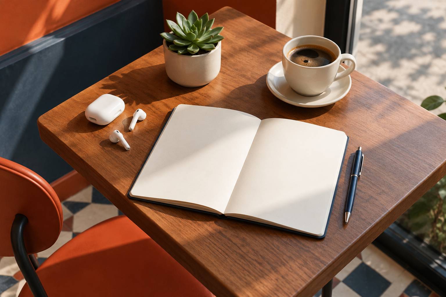 Table de cafe avec carnet ouvert, tasse et plante grasse en plongee