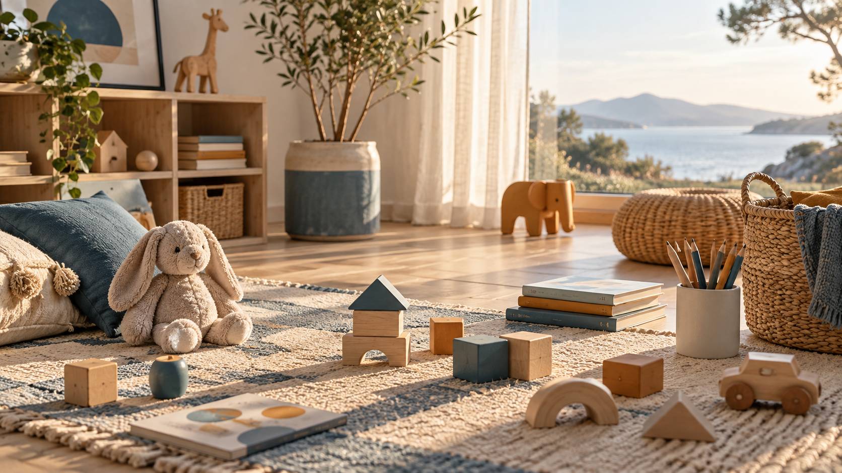 Coin de jeu range avec blocs en bois, livres et doudou sur un tapis