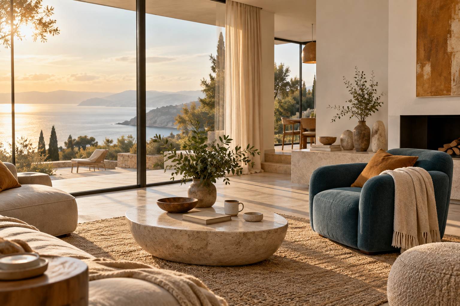 Salon lumineux avec fauteuil, plaid et tasse sur une table basse