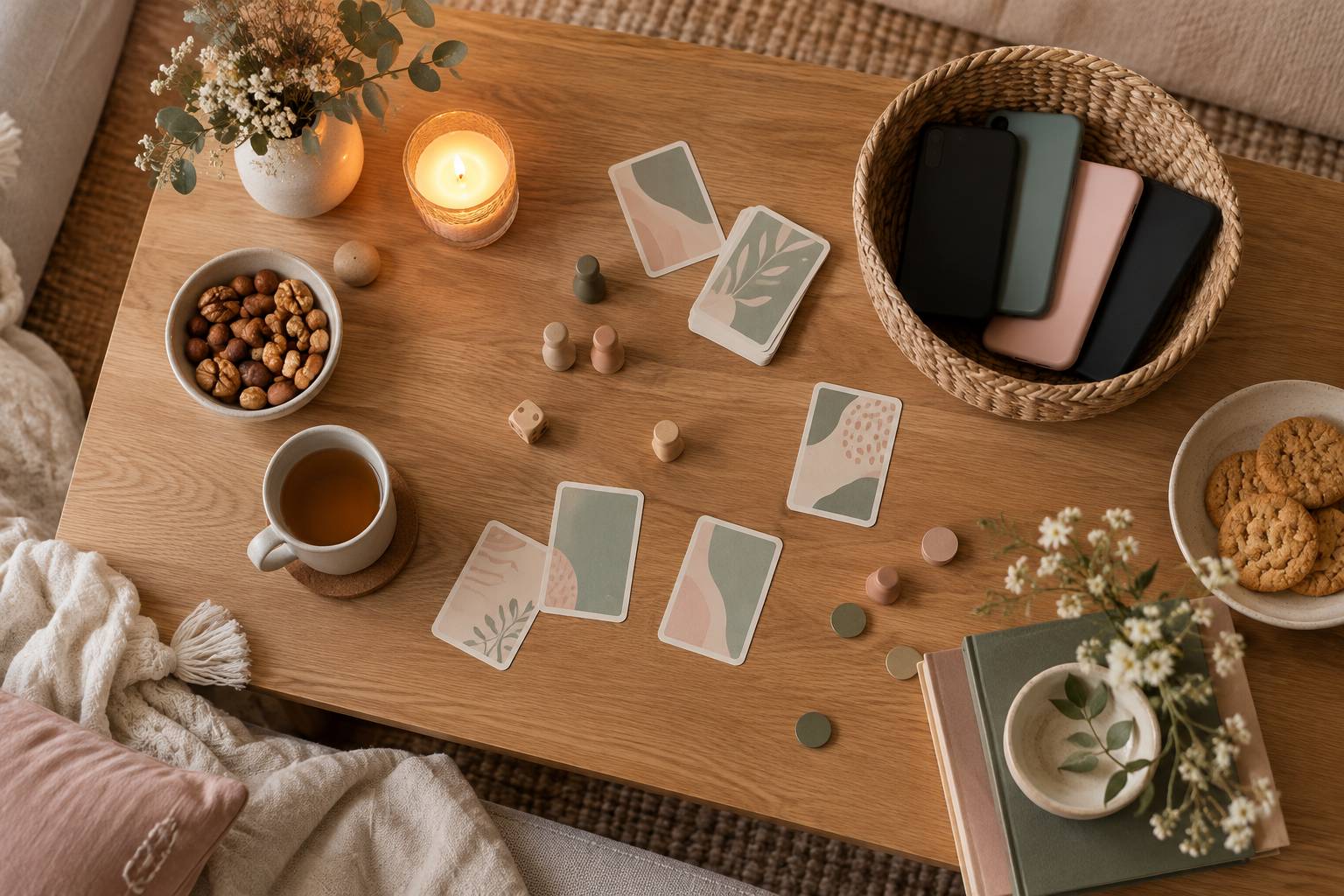 Table de salon avec cartes retournees, pions en bois et corbeille de telephones